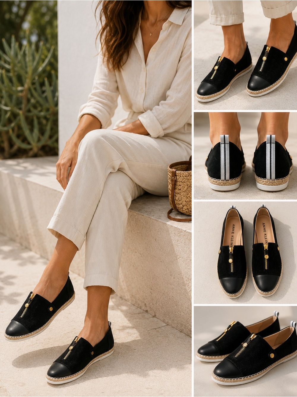 Anne Klein Sport Black Leather Zip Espadrille Slip-On Shoes Size 8.5M NWOT